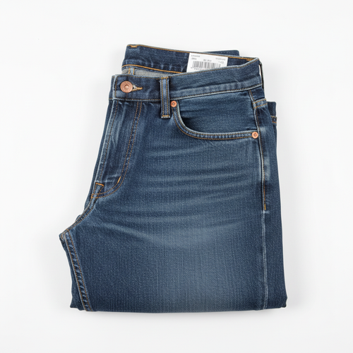 A pair of classic denim trousers on a white background